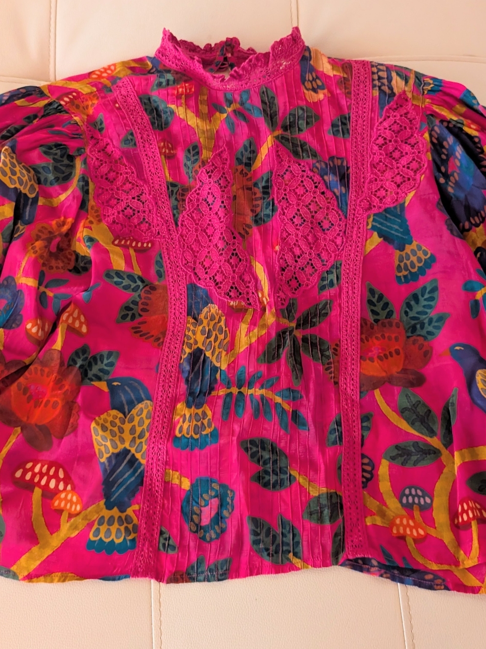Farm Rio Deep Fuchsia Floral Lace-Trim Blouse (Floral Yard Blush) XS / S - Picture 2 of 8